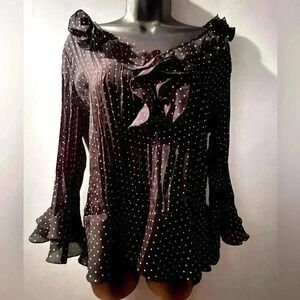 Sunny Leigh Petite Size PL Black Ruffle Blouse With Butterfly Wrists & V Neck